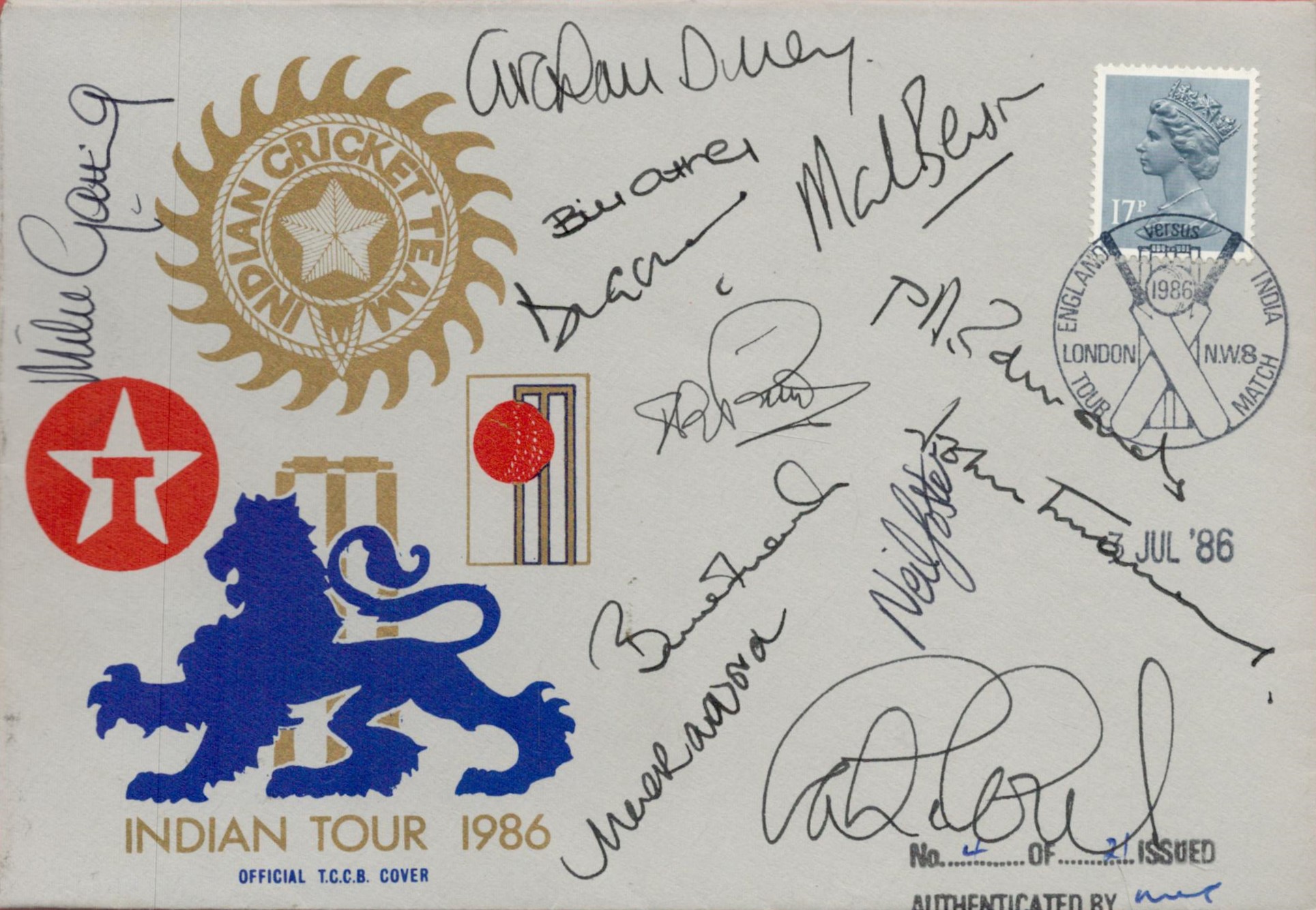 Cricket Indian Tour 1986 Official T. C. C. B multi signed cover 11 great signatures include Mike