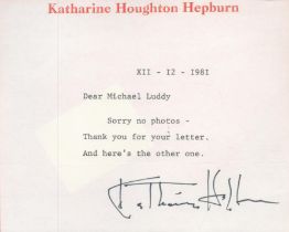 Katherine Hepburn signed typed note on headed paper. Good condition. All autographs come with a
