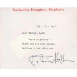 Katherine Hepburn signed typed note on headed paper. Good condition. All autographs come with a