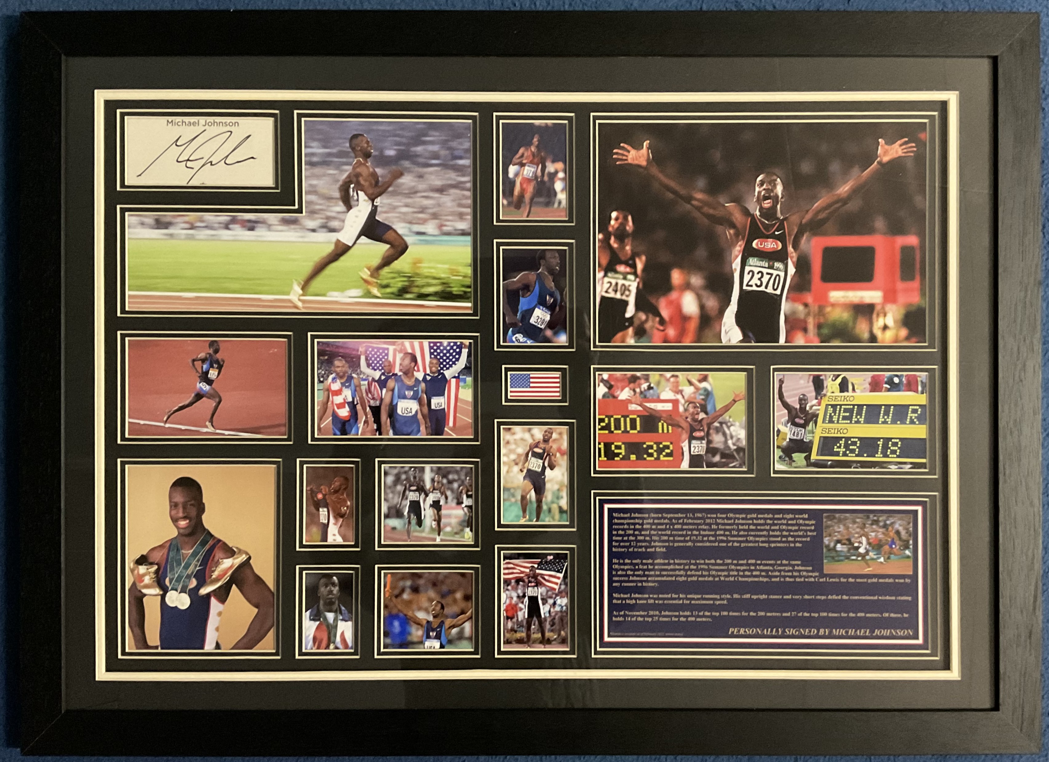 American 4 Time Olympic Champion Michael Johnson Signed Signature Piece, with 15 Various Sized