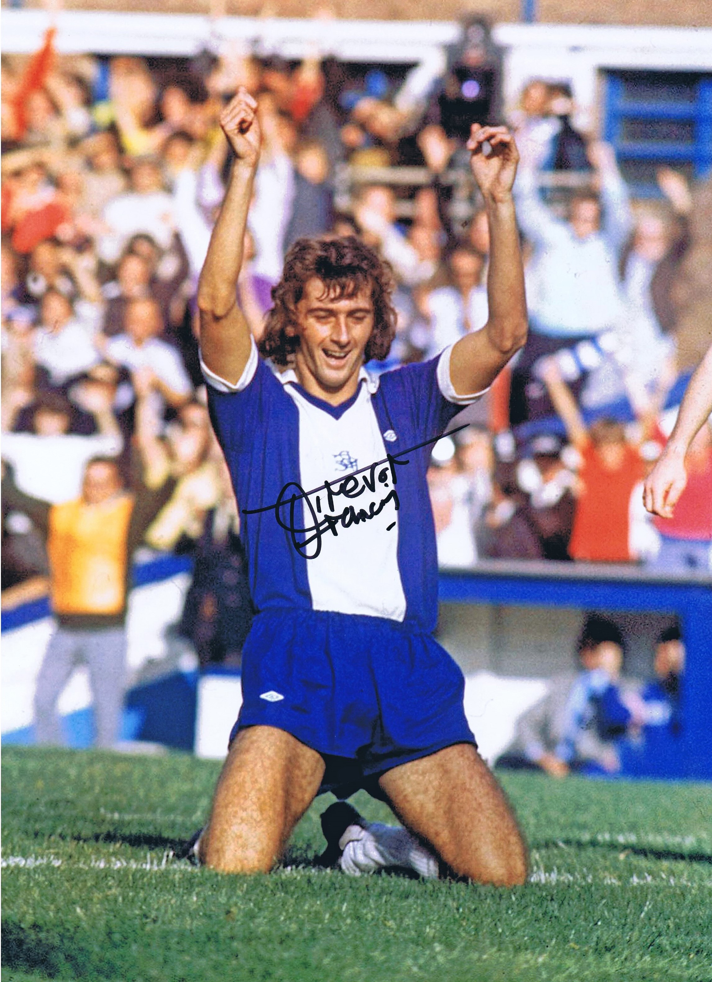 Autographed TREVOR FRANCIS 16 x 12 photo - Col, depicting the Birmingham City striker celebrating on