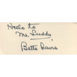 American Actress Bette Davis Signed 4x2 inch White Signature Piece. Signed in Black Ink,