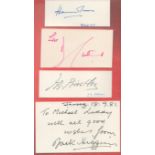 Authors collection of four small white cards signed by Jack Higgins, Harold Pinter, Dame Barbara