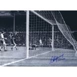 Autographed STEVE HEIGHWAY 16 x 12 photo - B/W, depicting the Liverpool winger celebrating after