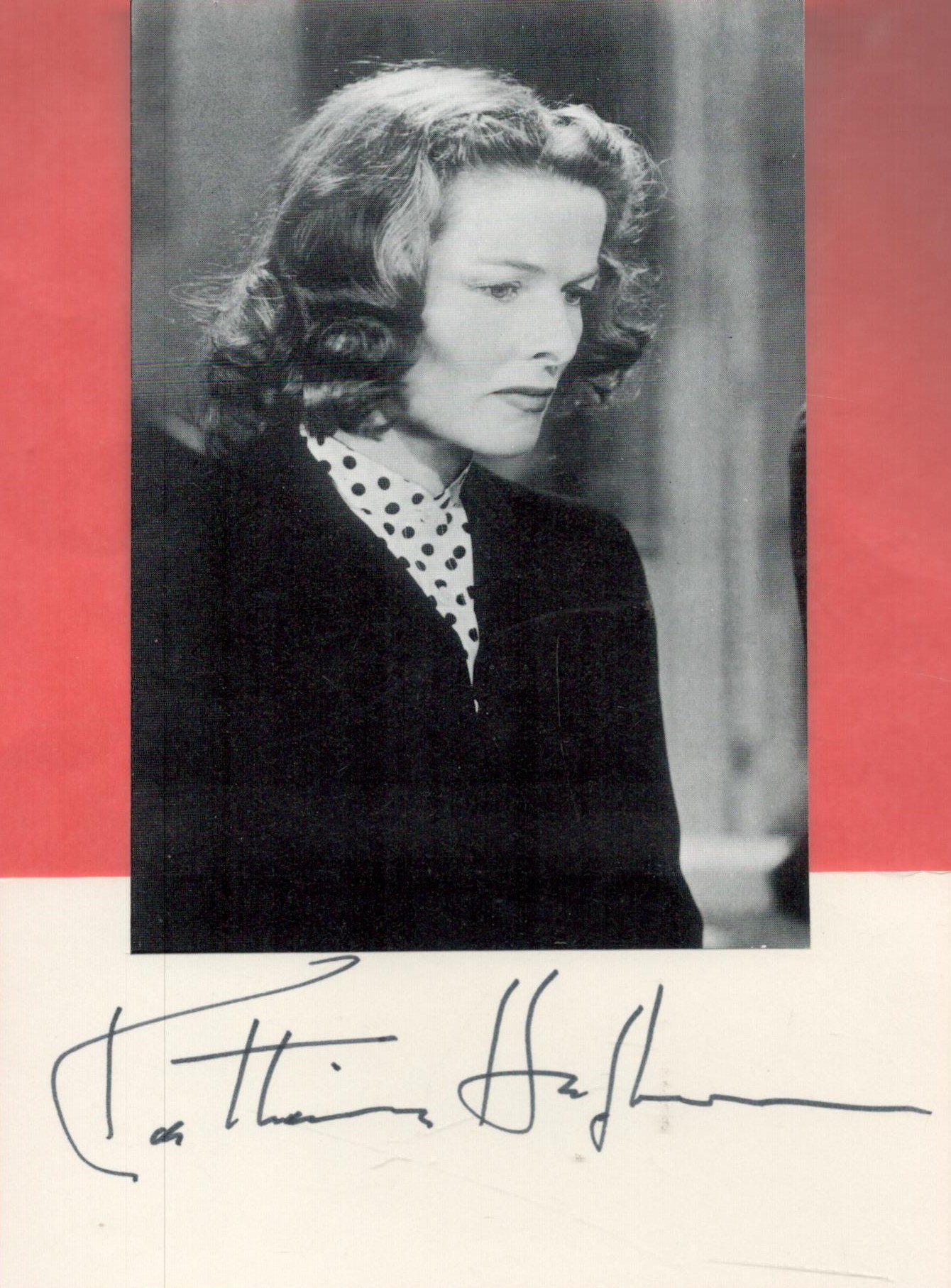 Katherine Hepburn signed small white card with small magazine photo fixed above. Good condition. All