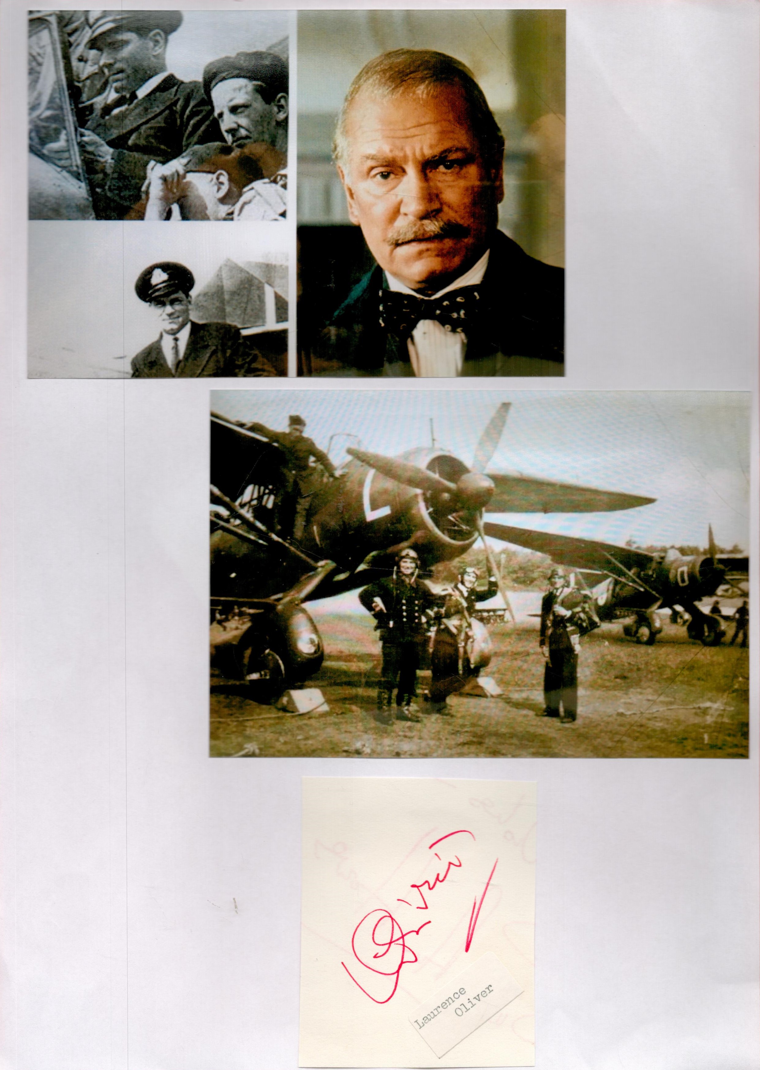 Laurence Olivier small, autographed piece mounted to A4 page with photos from Battle of Britain