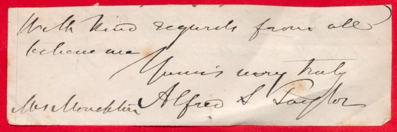 Alfred Swaine Taylor (The Father Of British Forensic Medicine) Signed Foot of a Letter. Signed in