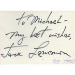 American Actor Jack Lemmon Signed 4 x 3 inch White Signature Card. Signed in Black Ink, Dedicated.