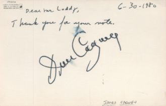 James Cagney signed white card dated 1980, slight smudge to C. Good condition. All autographs come