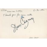 James Cagney signed white card dated 1980, slight smudge to C. Good condition. All autographs come