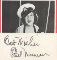 Ethel Merman signed small white card with small magazine photo fixed above. Good condition. All