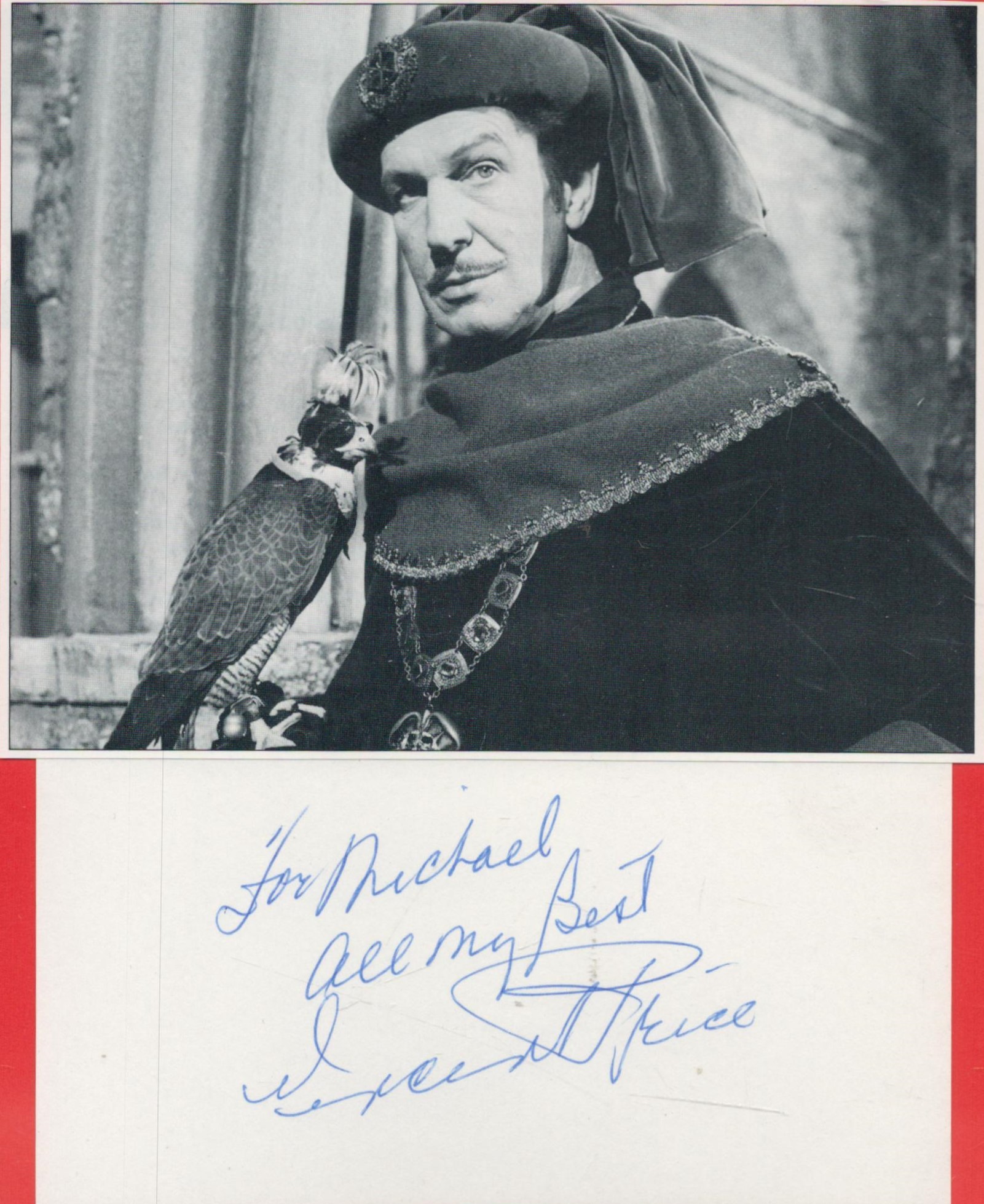 Vincent Price signed White card to Michael with b/w magazine photo fixed above. Good condition.