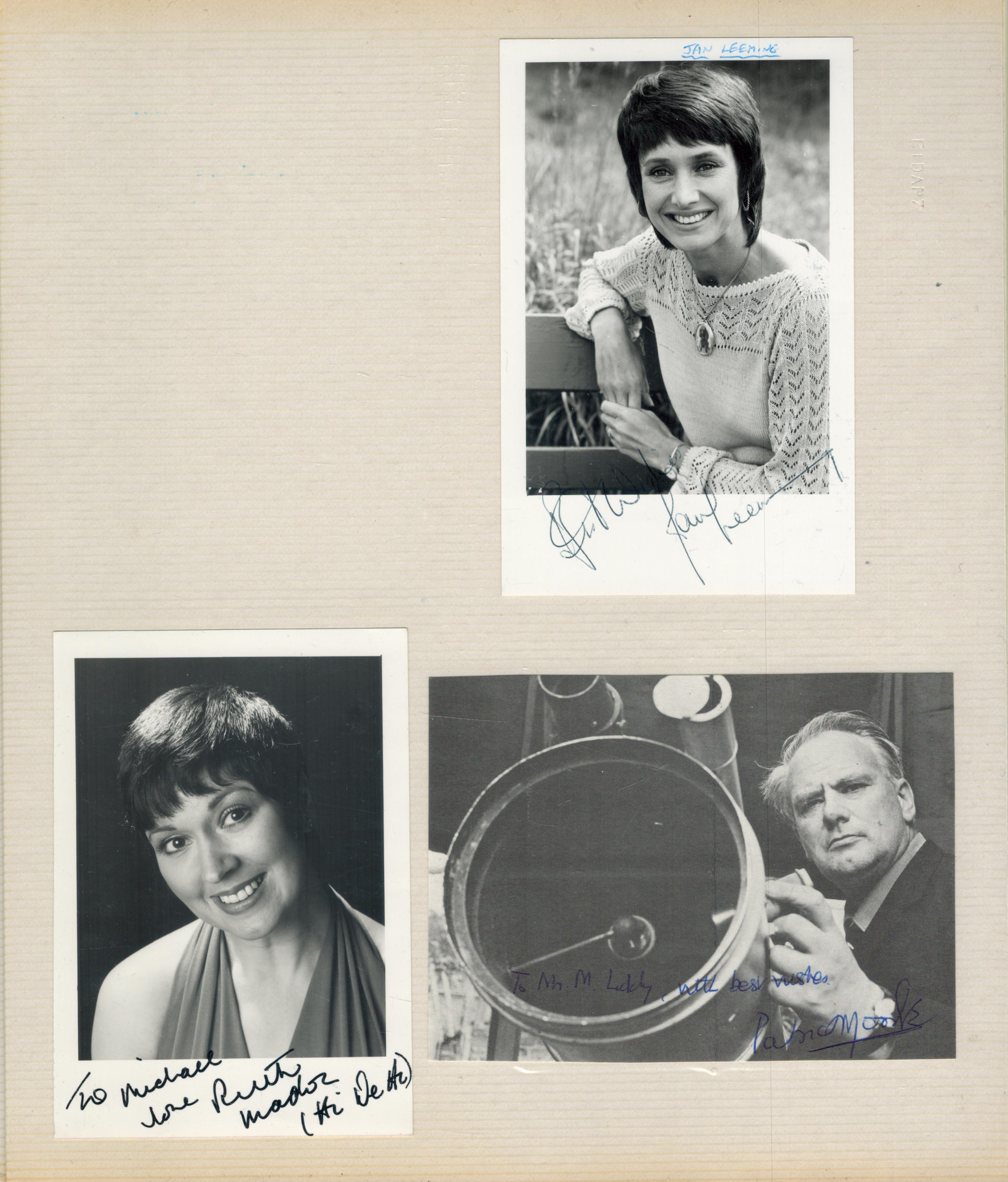 TV Film Music collection of signed photos and cards in old photo album. 120+ autographs on photos,