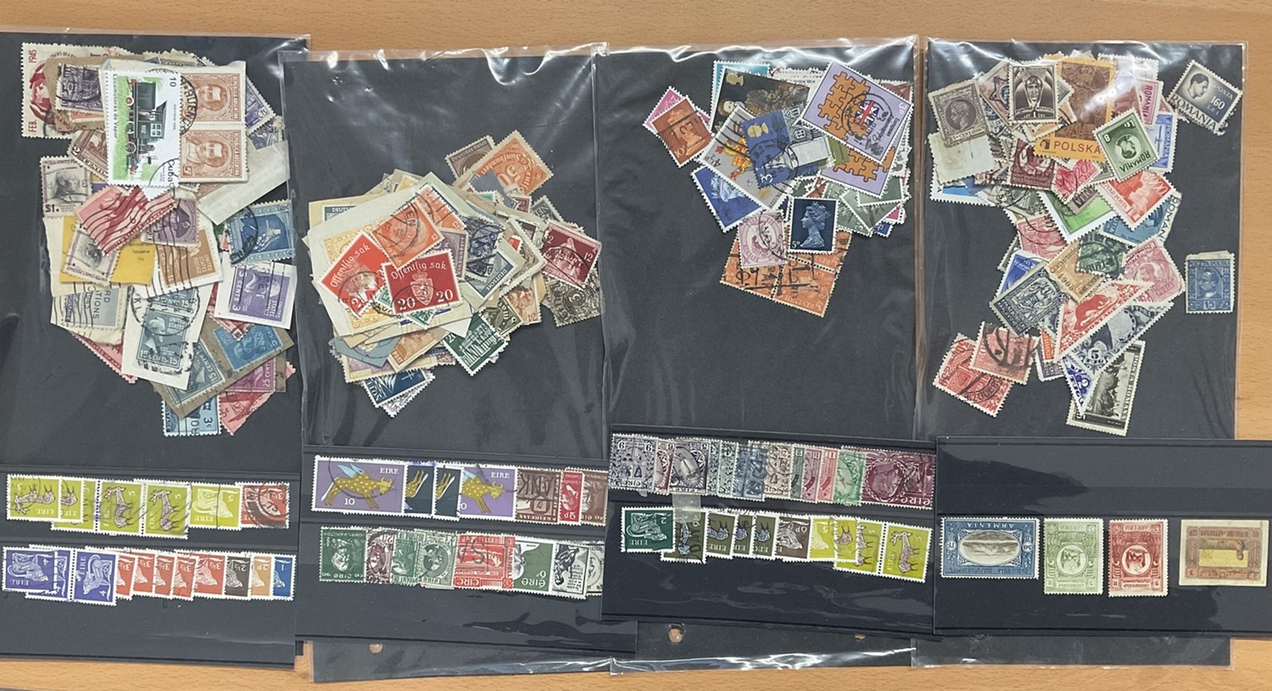 4 Bags of assorted stamps and 5 stockcards. Such as Europe, France, Germany, Israel, Ireland, GB,