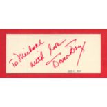 American Actress Doris Day Signed 4 x 2 inch White Signature Card. Signed in Red Ink, Dedicated.