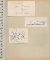 TV Film Music collection cards in old photo album. 60+ autographs on cards various sizes, some