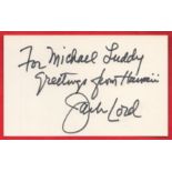 American Actor Jack Lord Signed 5 x 3 inch approx Signature Card. Signed in black ink. Dedicated.