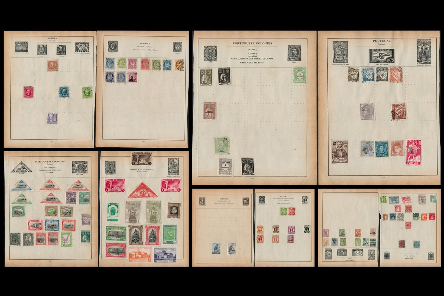 20 Stamp pages of Europe and Scandinavia. Such as Spain, Portugal and Colonies, Sweden, Norway,