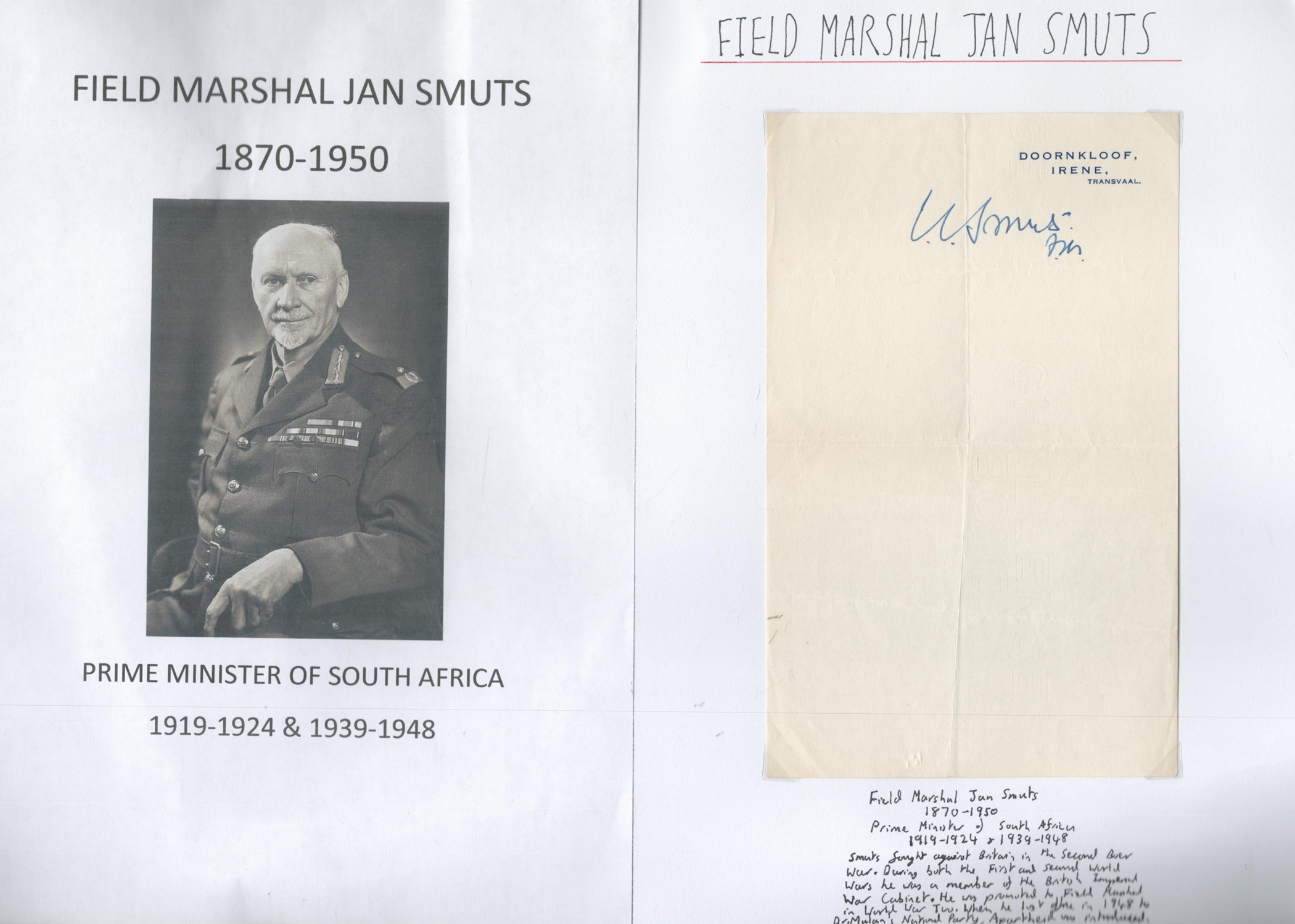 Field Marshal Jan Smuts signed 8x5 Doornkloof Irene Transvaal headed vintage page. Good condition.