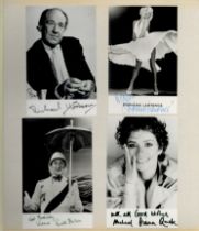 TV Film Music collection of signed photos and cards in old photo album. 80+ autographs on photos,