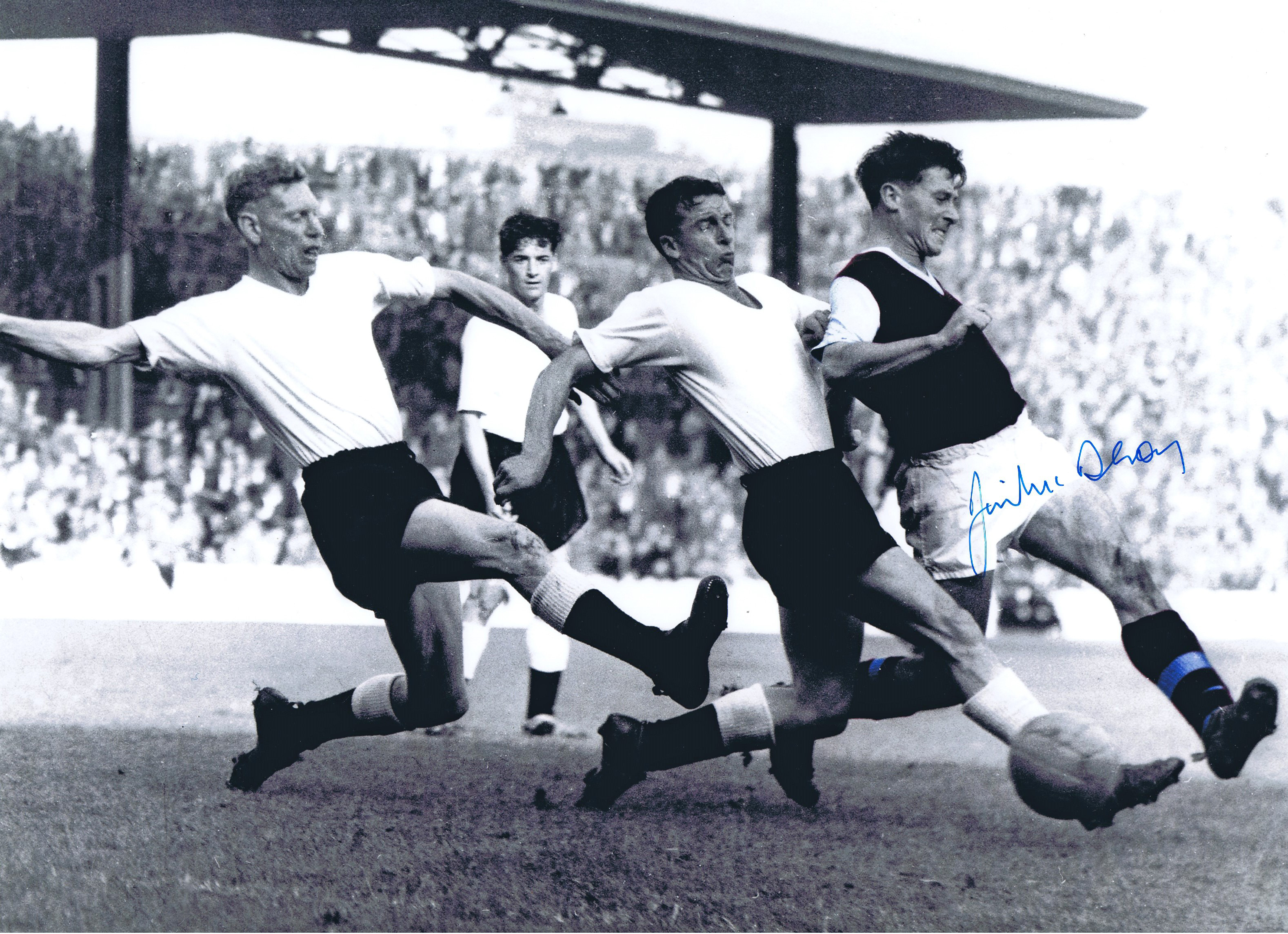 Autographed JIMMY McILROY 16 x 12 photo - Colorized, depicting a wonderful image showing the Burnley