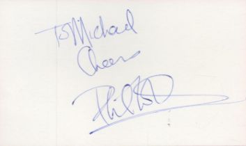 Music Phil Collins signed white card to Michael. Good condition. All autographs come with a