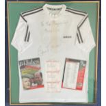 Bobby Charlton 32x28 framed and mounted signed Adidas shirt inscribed To the Players Cafe Good