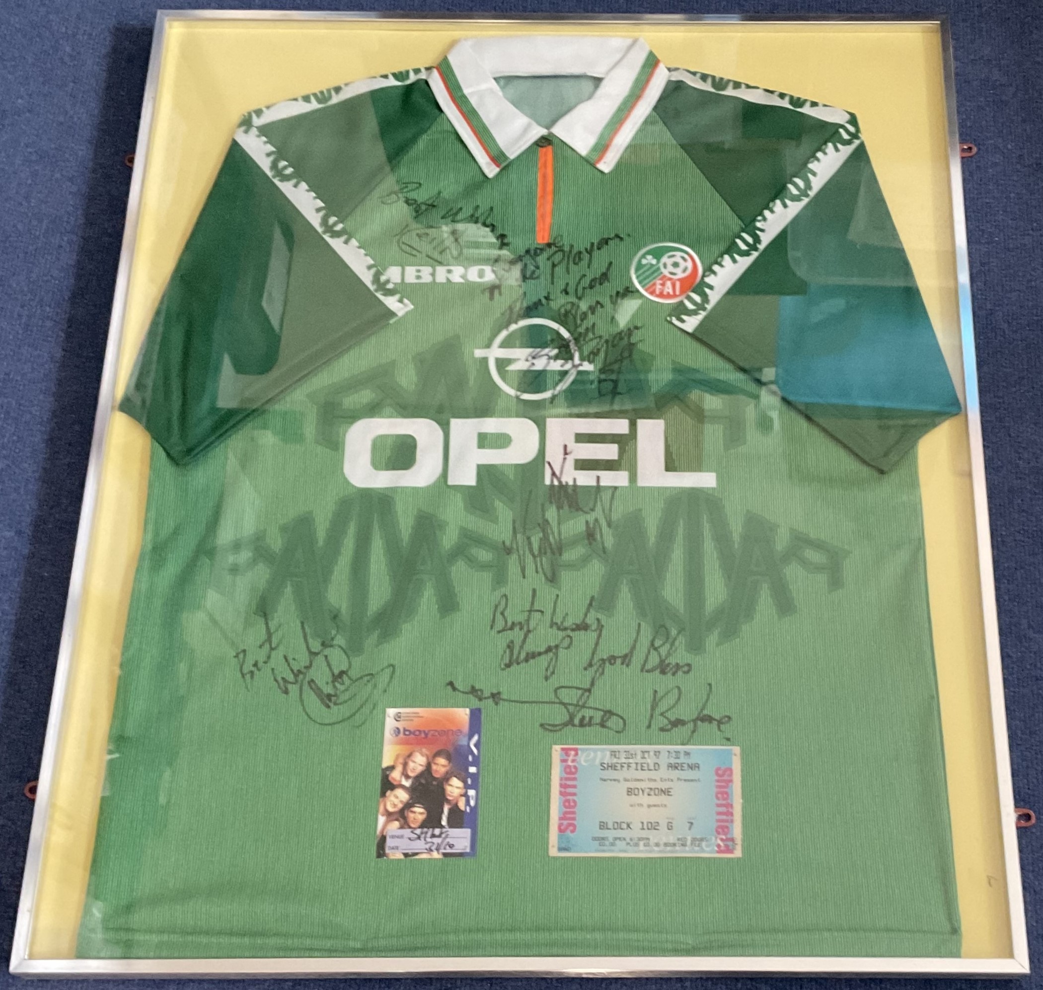 Boyzone multisigned 33x28 overall mounted and framed Republic of Ireland Football Shirt includes all - Image 2 of 2