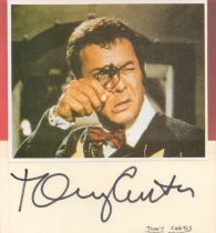 Tony Curtis signed small white card with small magazine photo fixed above. Good condition. All