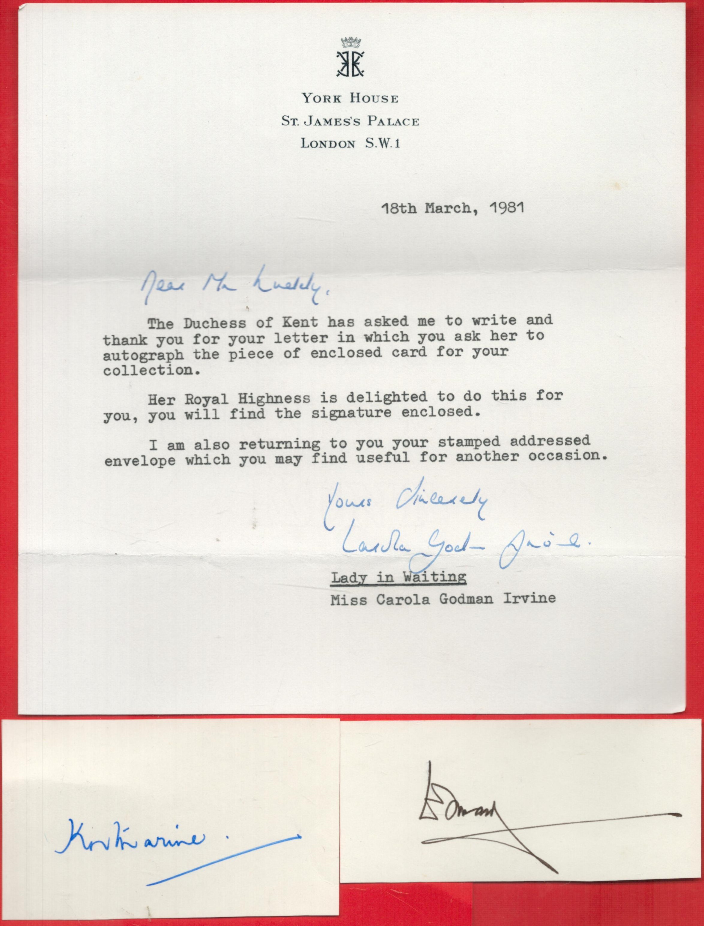 Katharine, Duchess of Kent and Prince Edward, Duke of Kent Signed Small Signature Pieces. Included