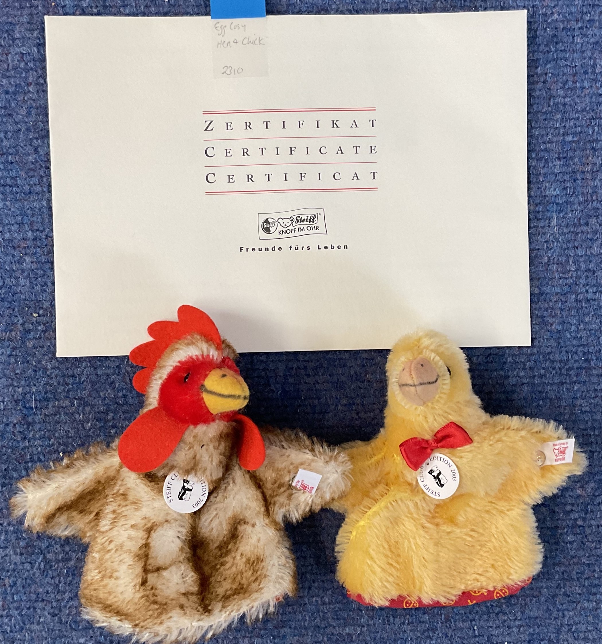 Steiff Egg Cosy Set, Hen and Chick. 2003 club. Limited edition No 02310. With Certificate. Both have