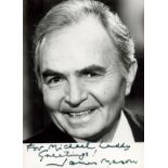 English Actor James Mason Signed 5.5 x 4 inch Black and White Glossy Photo. Signed in black ink,