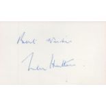 English Cricket Star Sir Len Hutton Signed 5x3 inch White Signature Card. Signed in blue ink. Good