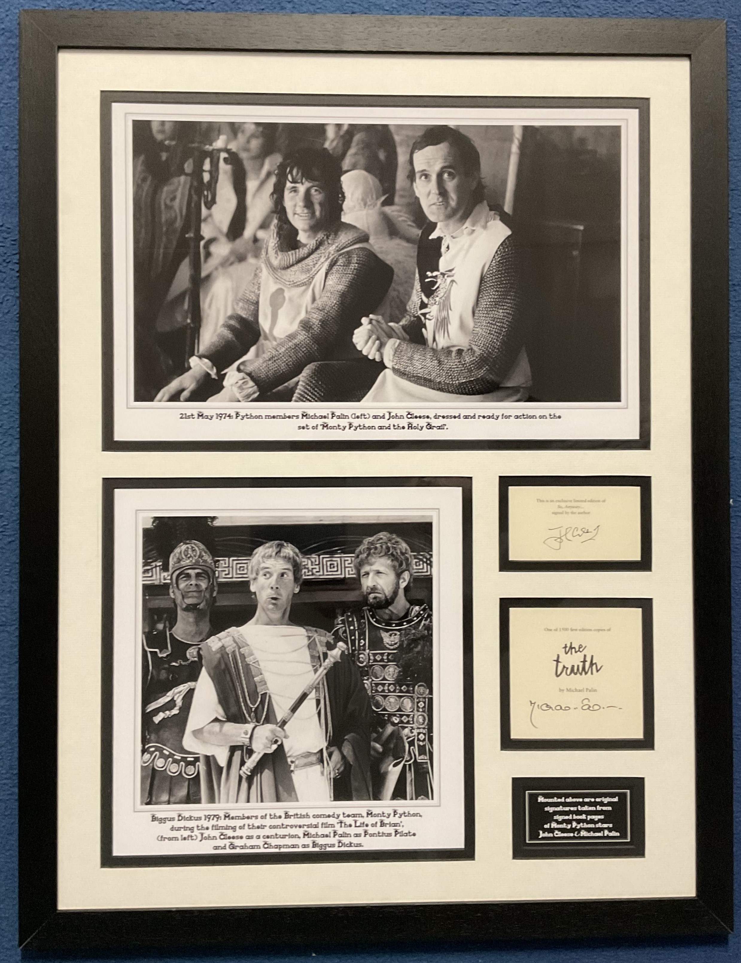 Monty Python Stars John Cleese and Michael Palin Signed Book Pages With 2 Black and White Photos,