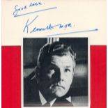 Kenneth More Signed 4 x 2 inch White Signature Piece. Signed in blue ink. Good Condition. Good