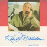 Karl Malden signed small white card with small magazine photo fixed above. Good condition. All