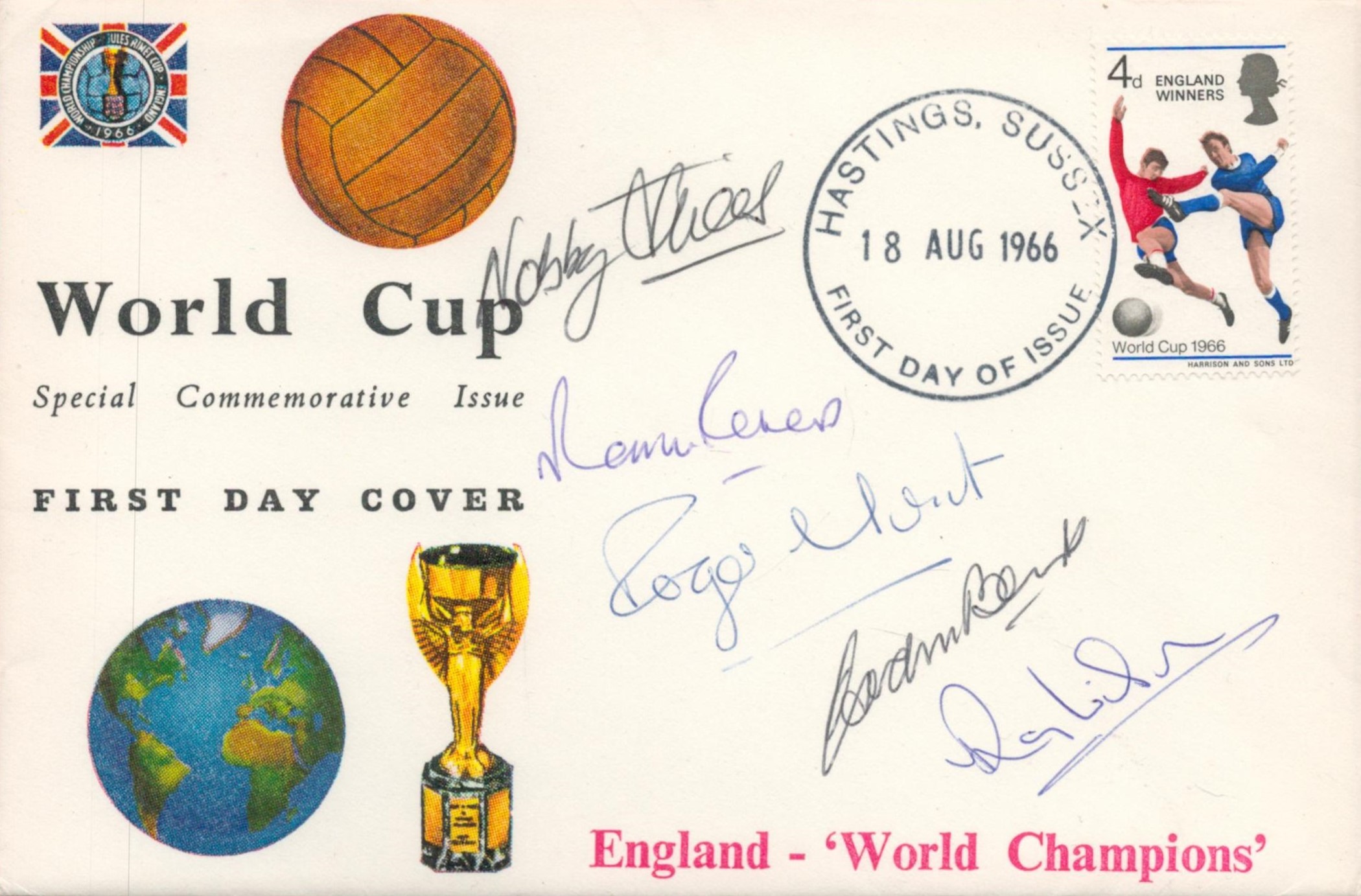 Superb World Cup Special First Day Cover Signed by 5 1966 World Cup winners. Good condition. All