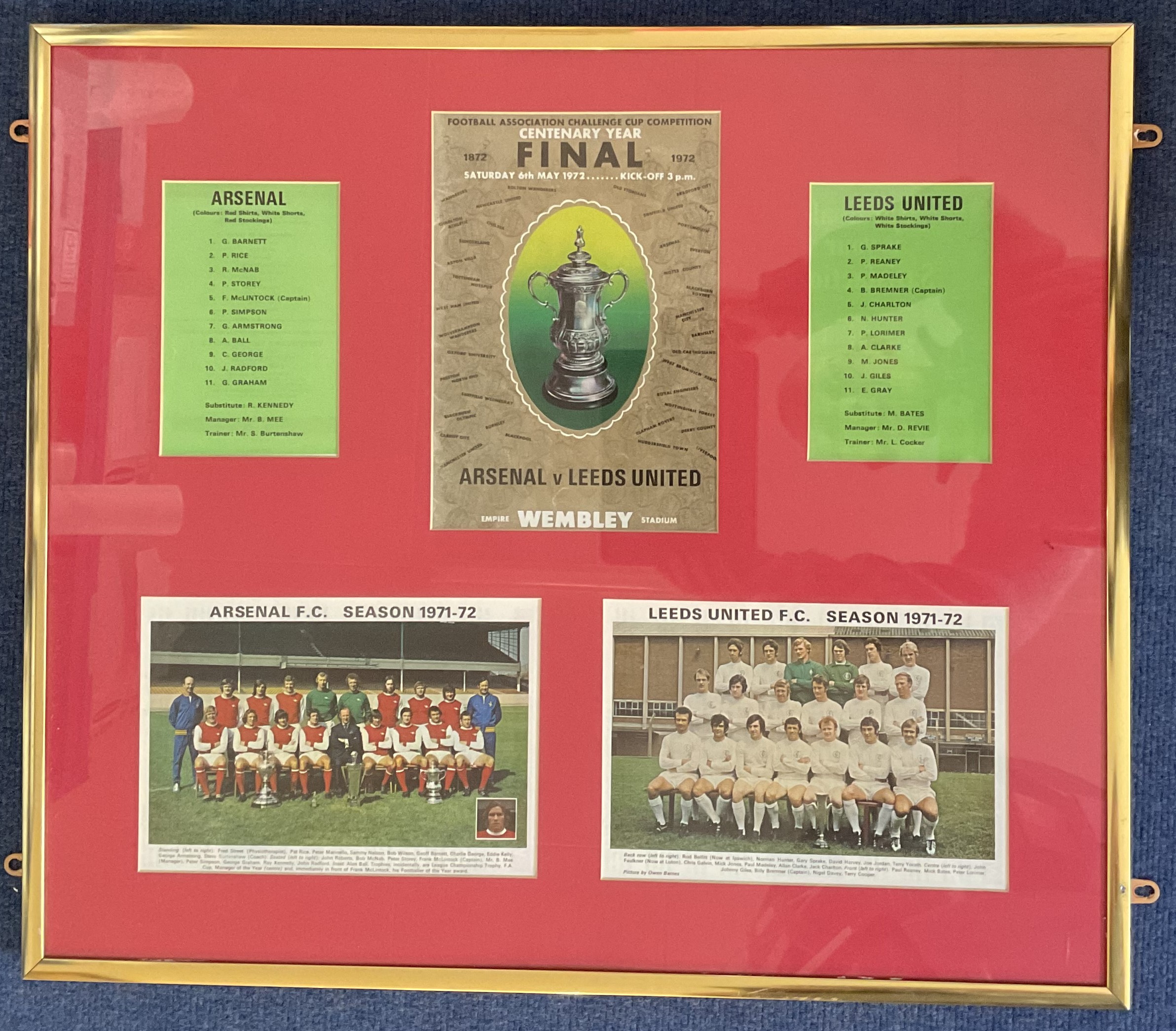 Arsenal v Leeds United 1972 FA Cup Centenary Final 22x24 mounted and framed display includes two