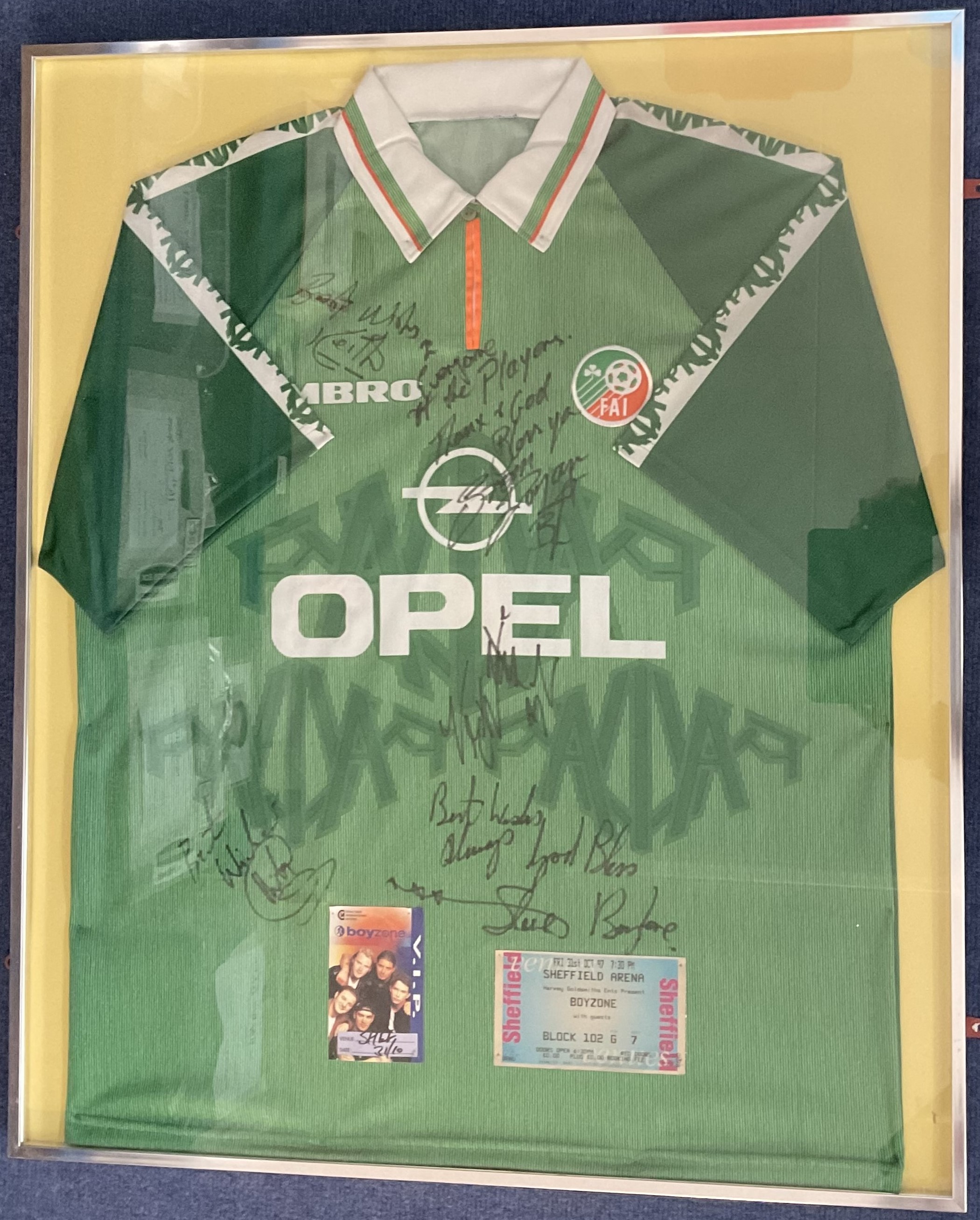 Boyzone multisigned 33x28 overall mounted and framed Republic of Ireland Football Shirt includes all
