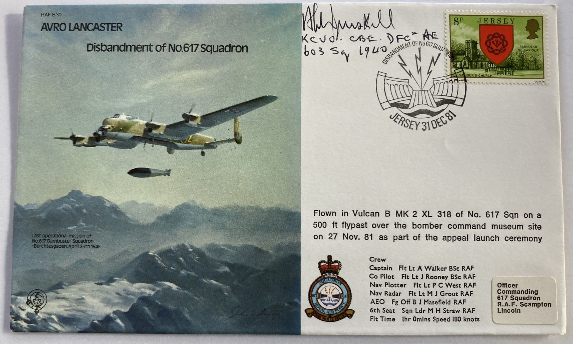 WW2 BOB fighter ace Archie Winskill DFC 603 Sqn signed Avro Lancaster bomber cover. Air Commodore