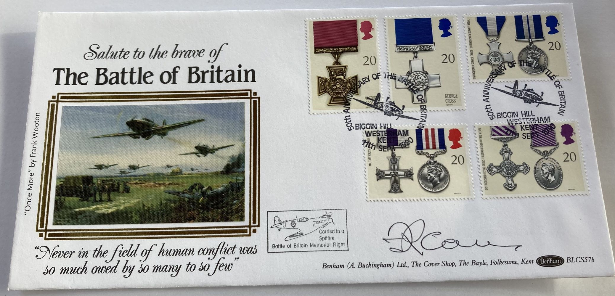 WW2 fighter ace Frank Carey DFC DFM AFC signed 1990 Benham Gallantry official FDC BLCS57b with