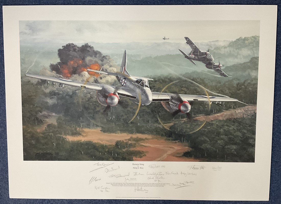 WW2 15 Signed Hornets Sting Colour Print by Philip E West. Signatures in Pencil include Captain Eric