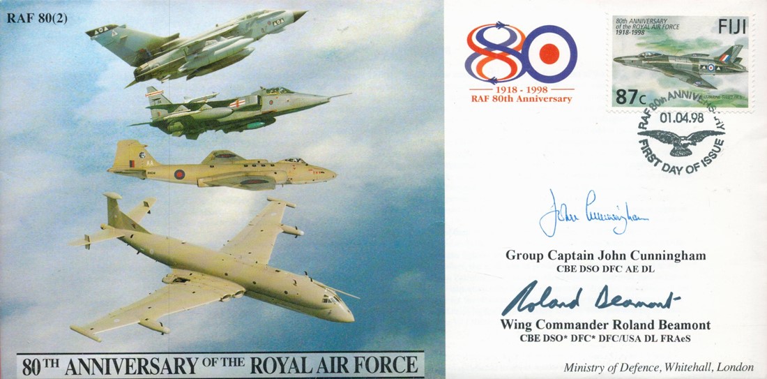 WW2 Grp Cptn John Cunningham and Wg Cdr Roland Beaumont Signed 80th anniv of RAF. Good condition.