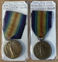 WW1 Pair Of Victory Medals Awarded To 2 Brothers Pte W Sutton (2101) and Pte R Sutton (3694). Both