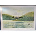 WW2 Colour Print Lancaster by Barrie Slatter Multi Signed by Harry Johnson, Colin Cole, John Bell,