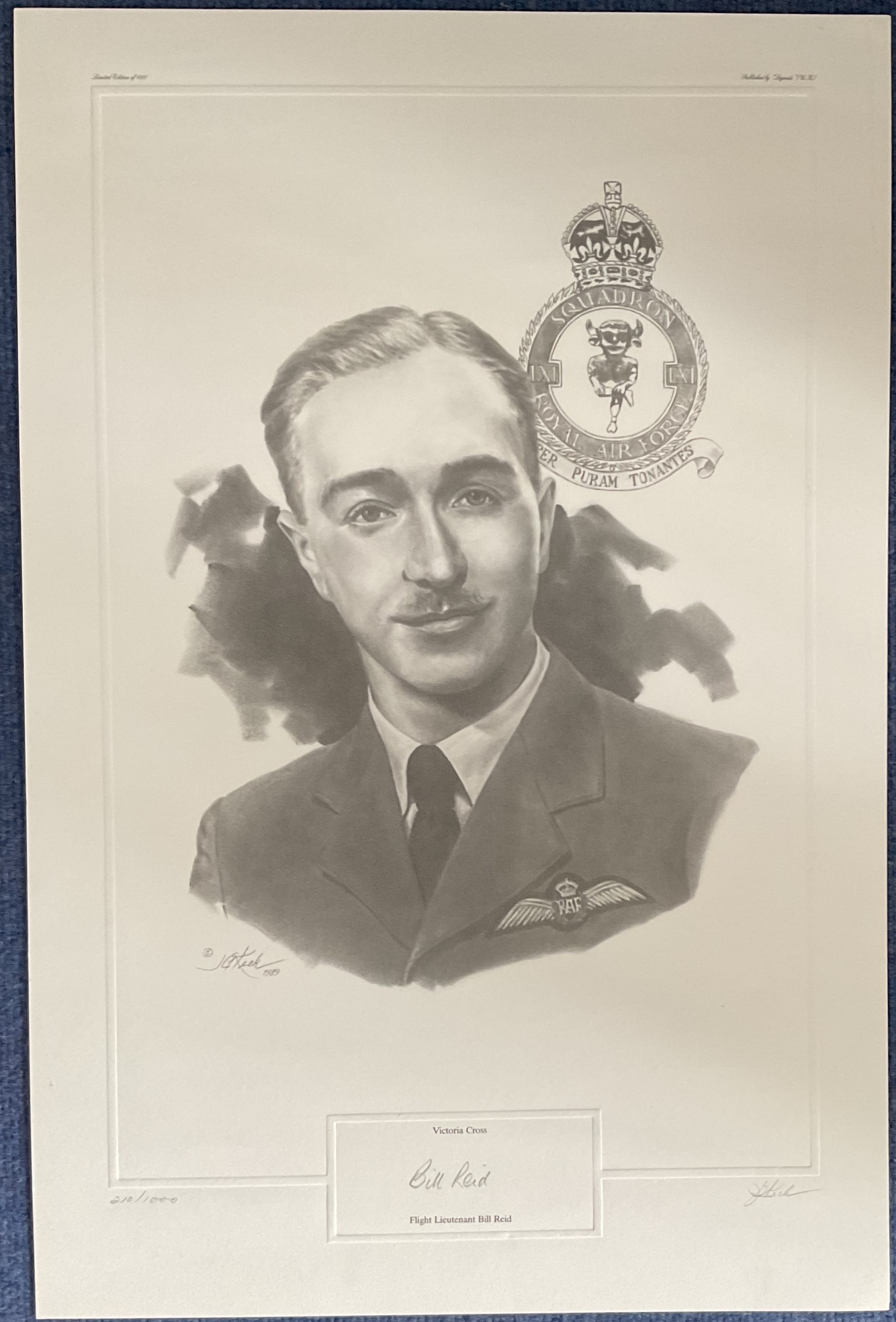 WW2 Flt Lt Bill Reid VC Signed on 210 of 1000 Black and White Print of Bill Reid. Also Signed by the