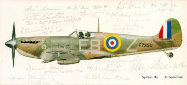 WWII Battle of Britain 41 Squadron multi signed 9x4 Spitfire Illustration includes 11 fighter