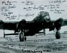19 WW2 bomber command veterans signed 10x 8 inch b/w Lancaster photo. Signed by W/O Dennis Baker