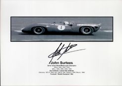 Motor Racing John Surtees signed 12x8 black and white photo includes career bio below signature.