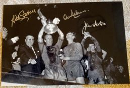 Man Utd 1968 European Cup celebration photo 12 x 8 inch b/w signed by Sadler, Stepney and John